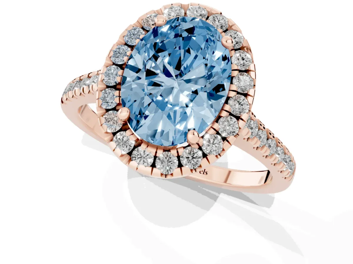 Fancy Blue Oval Cut Diamond Cushion Halo Ring with Pavé Band Rose gold