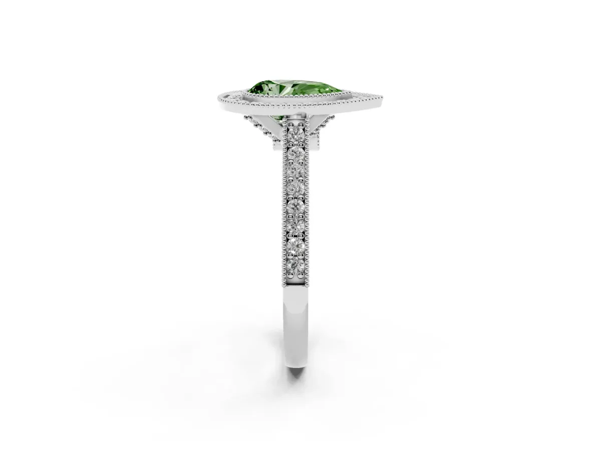 Fancy Green Halo Pear Cut-Cut Diamond Pave Band Milgrain Prong Setting Ring Platinum