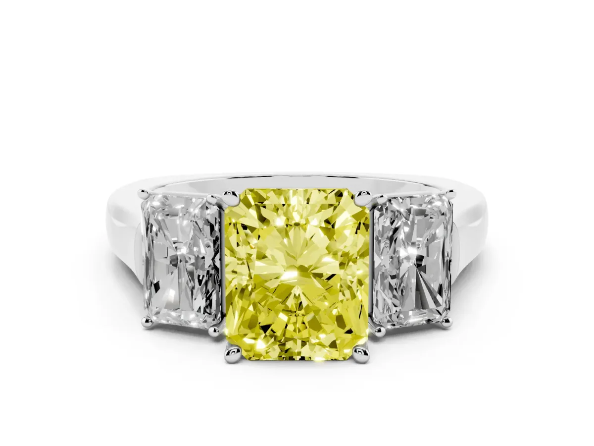 Fancy Yellow Three-Stone Radiant Cut Brilliant Diamond Trellis Ring with Comfort Fit Band Platinum