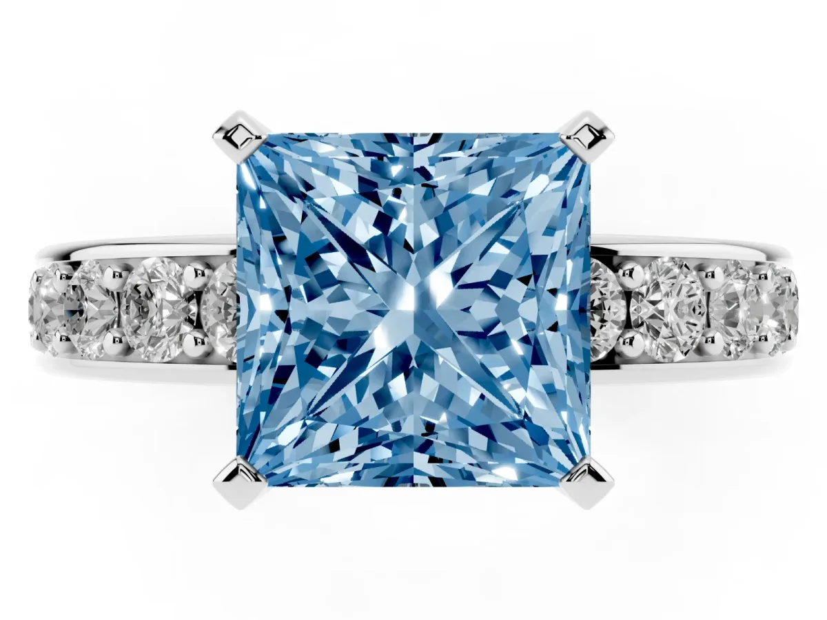 Fancy Blue Princess Cut Diamond Engagement Ring with Channel Set Round Band and Prong Setting Silver