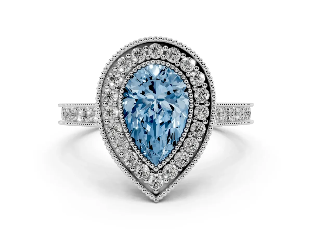 Fancy Blue Halo Pear Cut-Cut Diamond Pave Band Milgrain Prong Setting Ring Silver