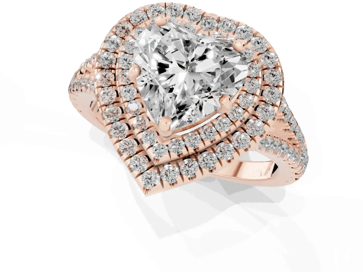 Heart Cut Diamond Double Halo Ring with Pavé Band and Prong Setting Rose gold