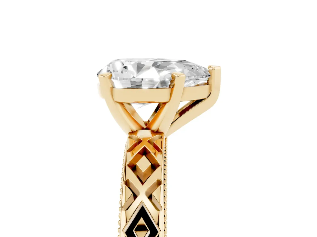 Pear Cut Solitaire Diamond Ring with Milgrain and Black Enamel X Pattern Band Yellow gold