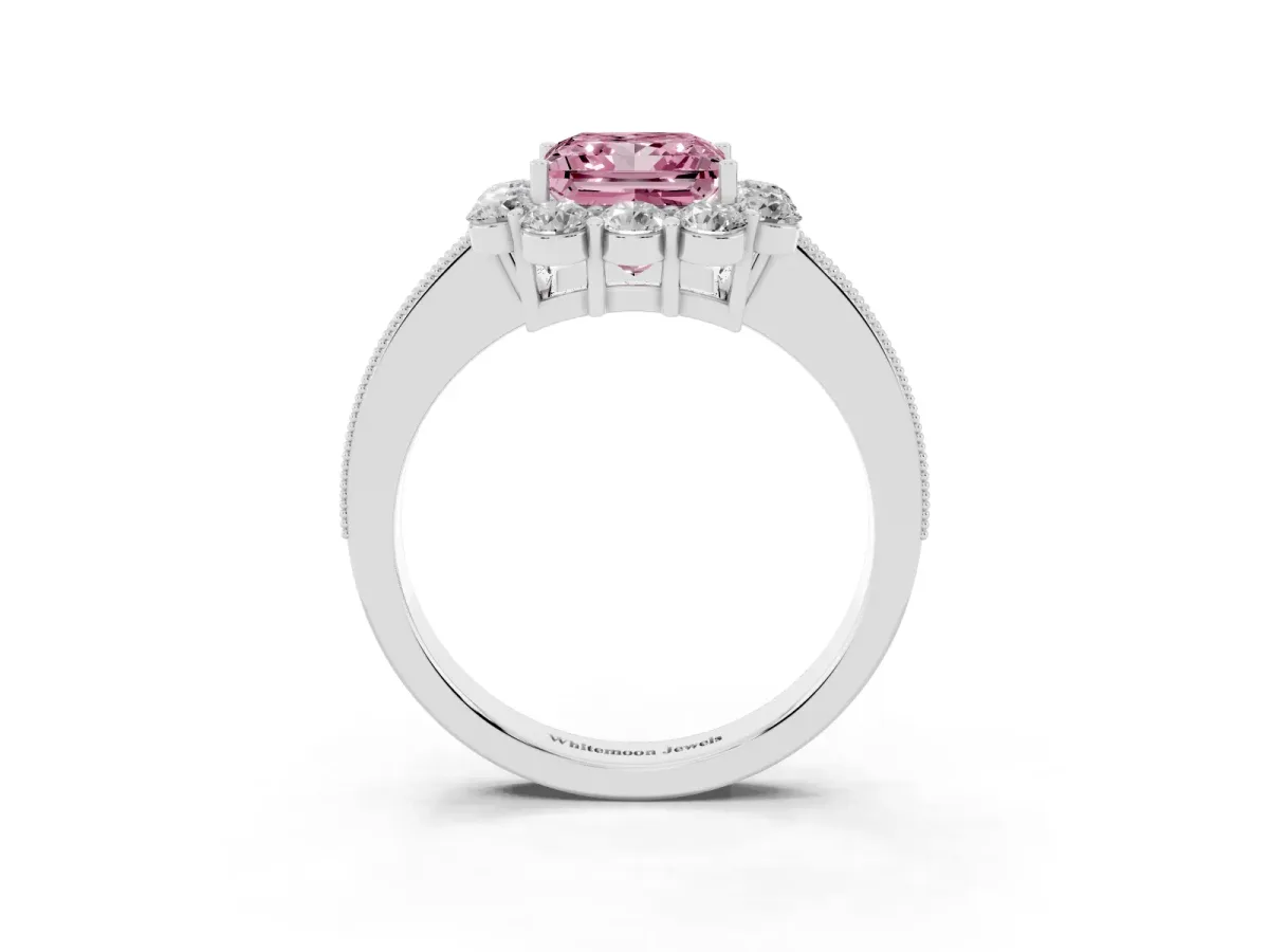 Fancy Pink Princess Cut Cut Halo Diamond Pavé Engagement Ring with Milgrain Detailing White gold