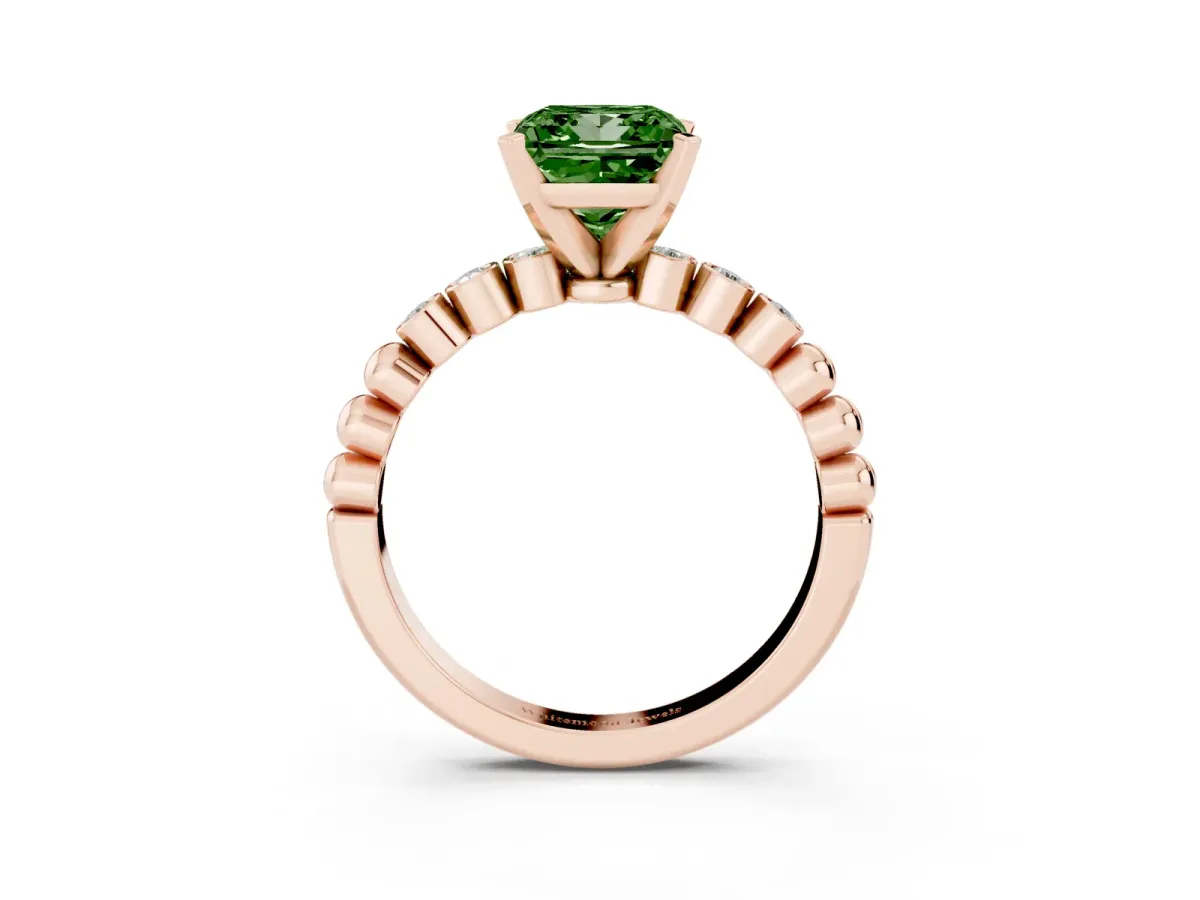 Fancy Green Princess Cut Solitaire Bezel Accent Diamond Engagement Ring with Beaded Band and Four-Prong Setting Rose gold