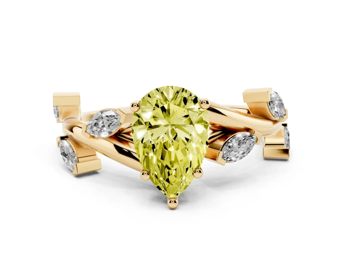 Fancy Yellow Pear Cut Solitaire Twisted Band Marquise Accent Prong Setting Ring Yellow gold