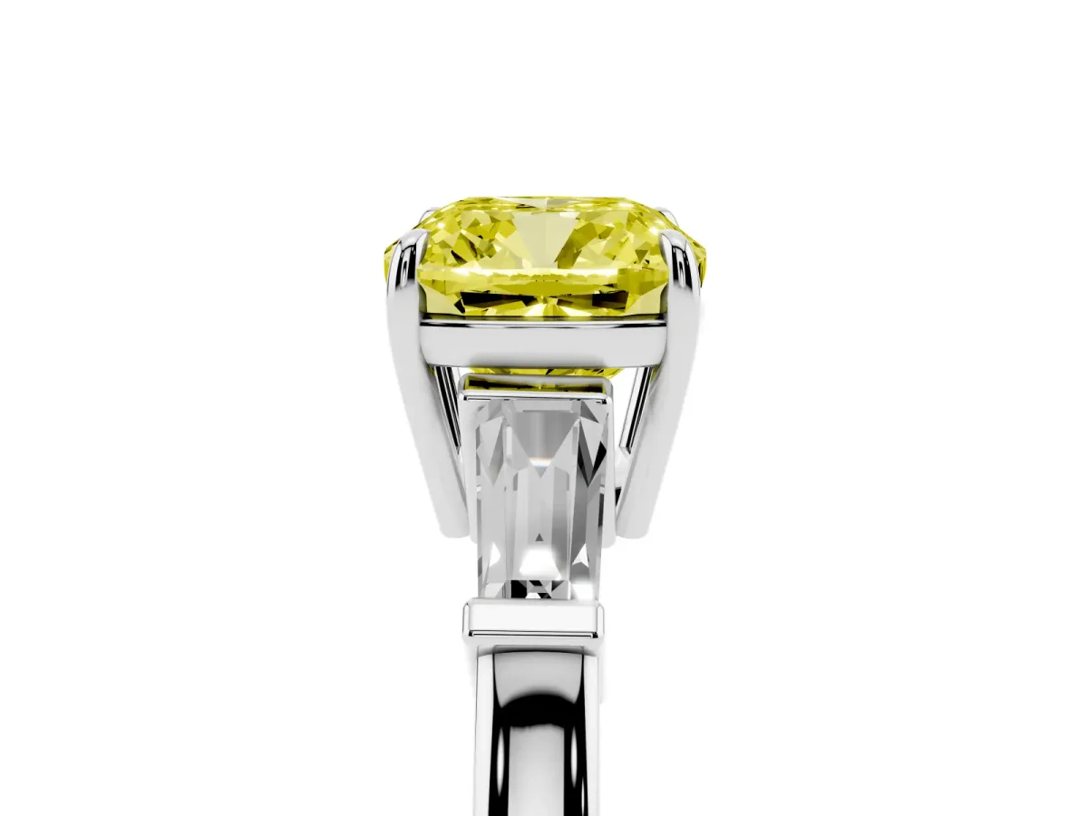 Fancy Yellow Cushion Cut Diamond Three-Stone Ring with Tapered Baguette Side Stones and Prong Setting Silver