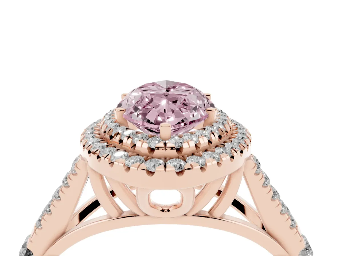 Fancy Pink Marquise Cut Cut Double Halo Split Shank Diamond Ring with Prong Setting Rose gold