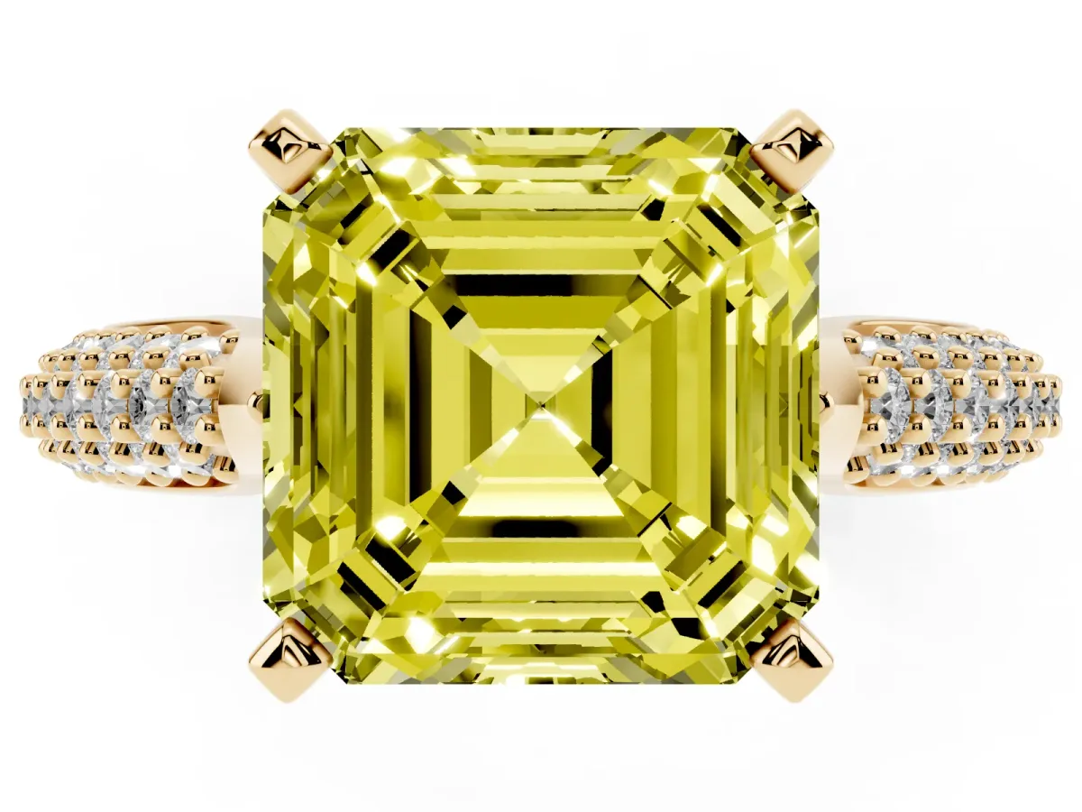 Fancy Yellow Asscher Cut Diamond Solitaire Engagement Ring with Multi-Row Round Pavé Band and Prong Setting Yellow gold
