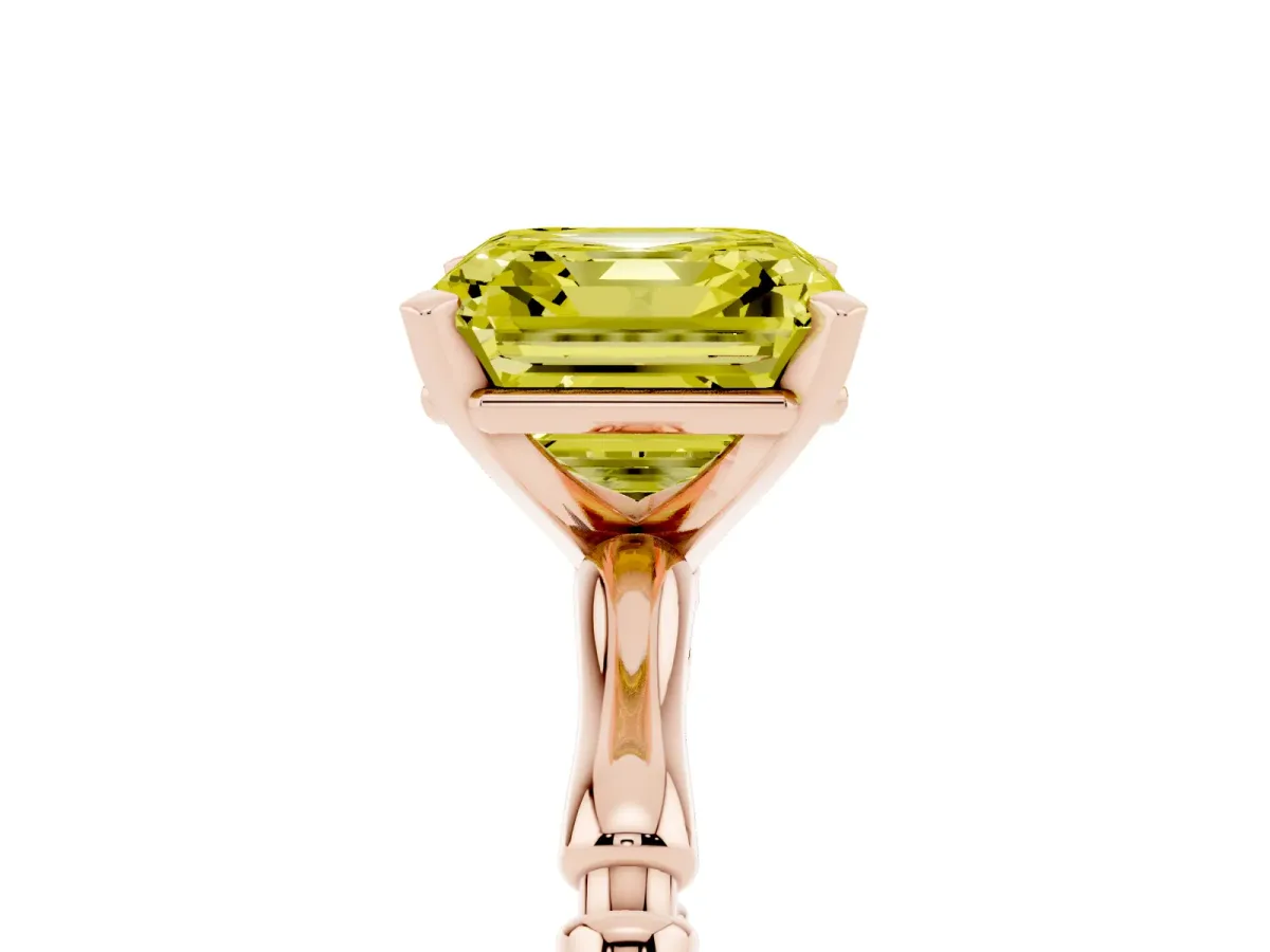 Fancy Yellow Asscher Cut Solitaire Diamond Ring with Bamboo Band and Four-Prong Setting Rose gold