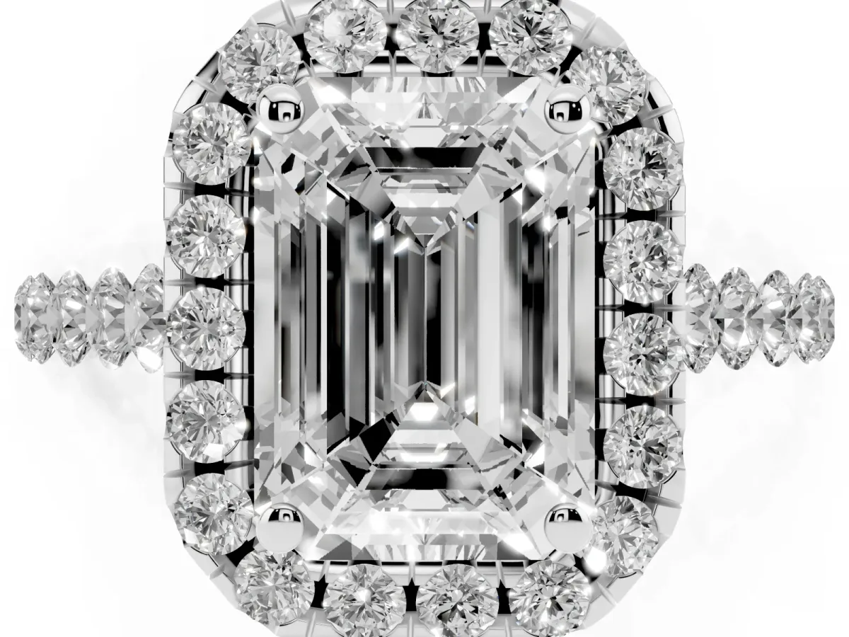 Emerald Cut Halo Pavé Diamond Engagement Ring with Four-Prong Setting Silver