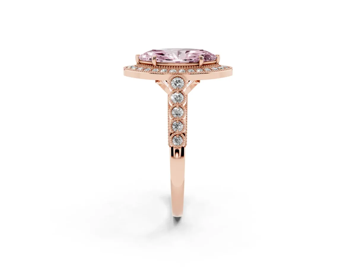 Fancy Pink Marquise Cut Halo Milgrain Solitaire with Bezel Set Side Stones and Pave Band Rose gold