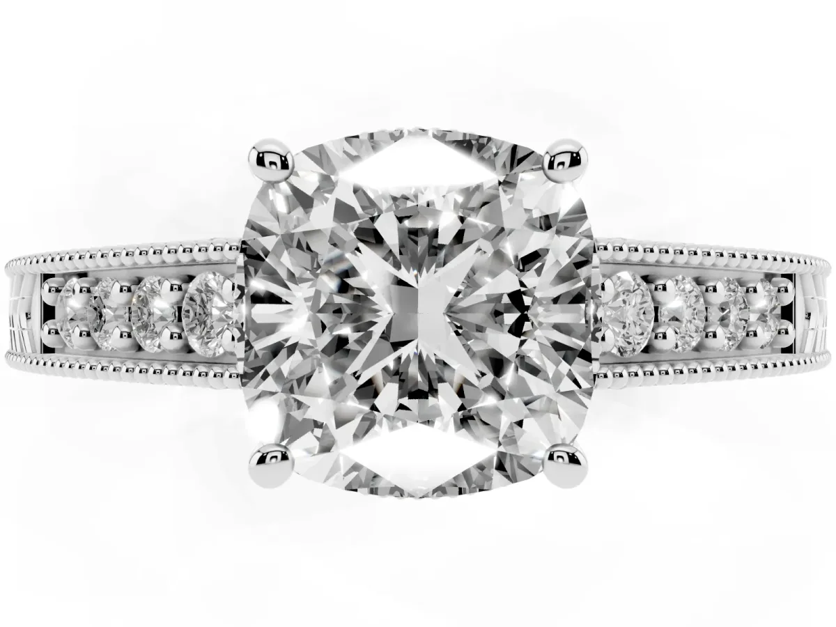 Cushion Cut Solitaire Pavé Diamond Milgrain Engagement Ring with Four-Prong Setting Silver