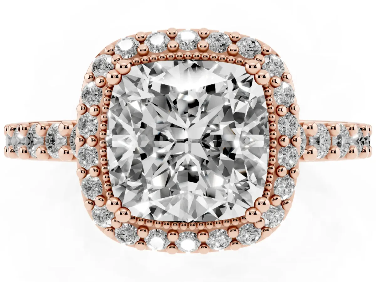 Cushion Cut Cut Diamond Halo Engagement Ring with Milgrain Detail and Pavé Band Rose gold