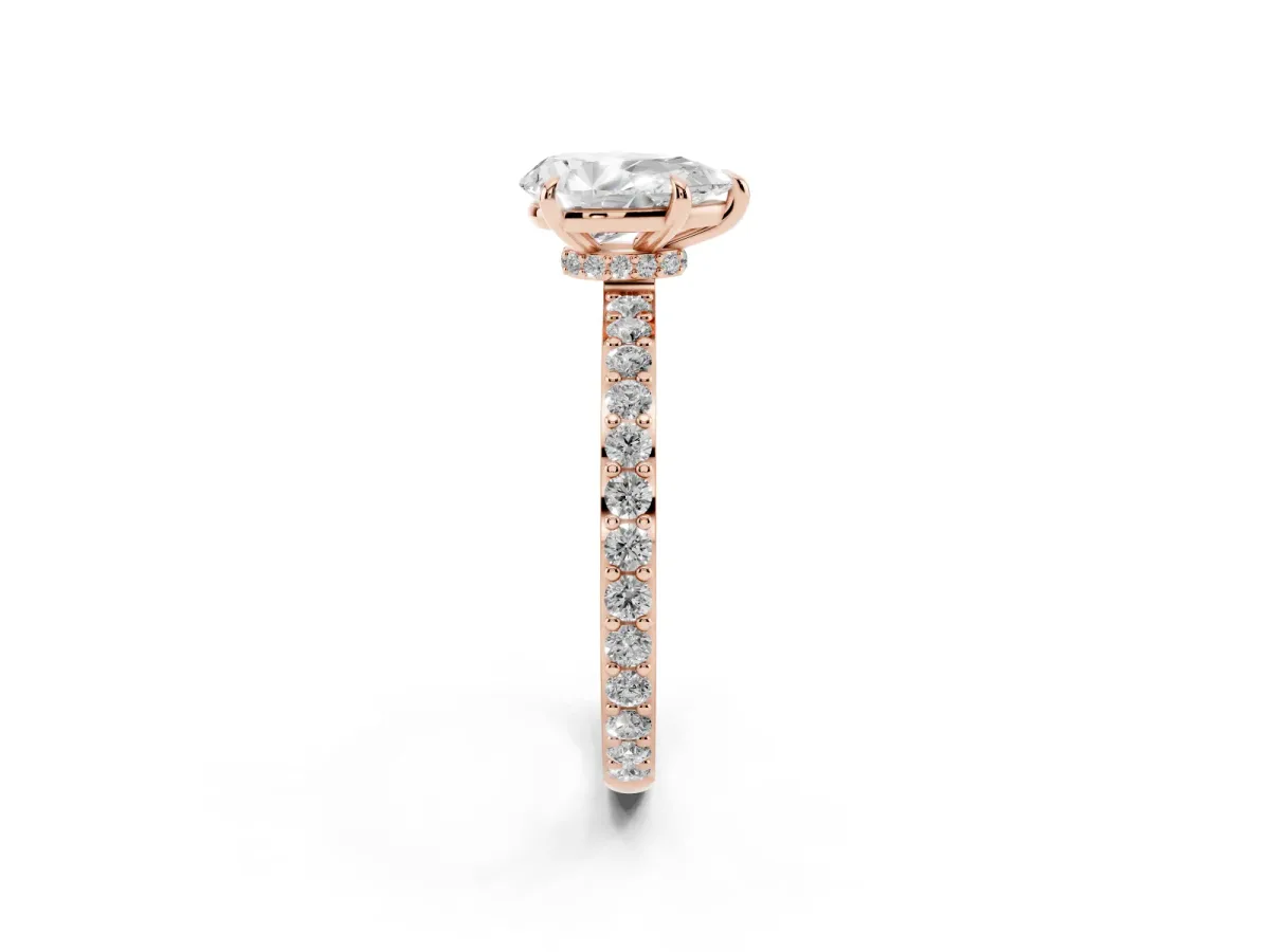 Pear Cut Diamond Pavé Engagement Ring with Round Accents and Prong Setting Rose gold