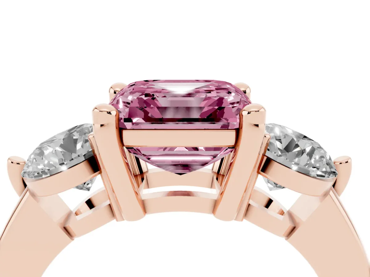 Fancy Pink Three-Stone Asscher Cut Brilliant Cut Solitaire Ring with Prong Setting on a Classic Band Rose gold