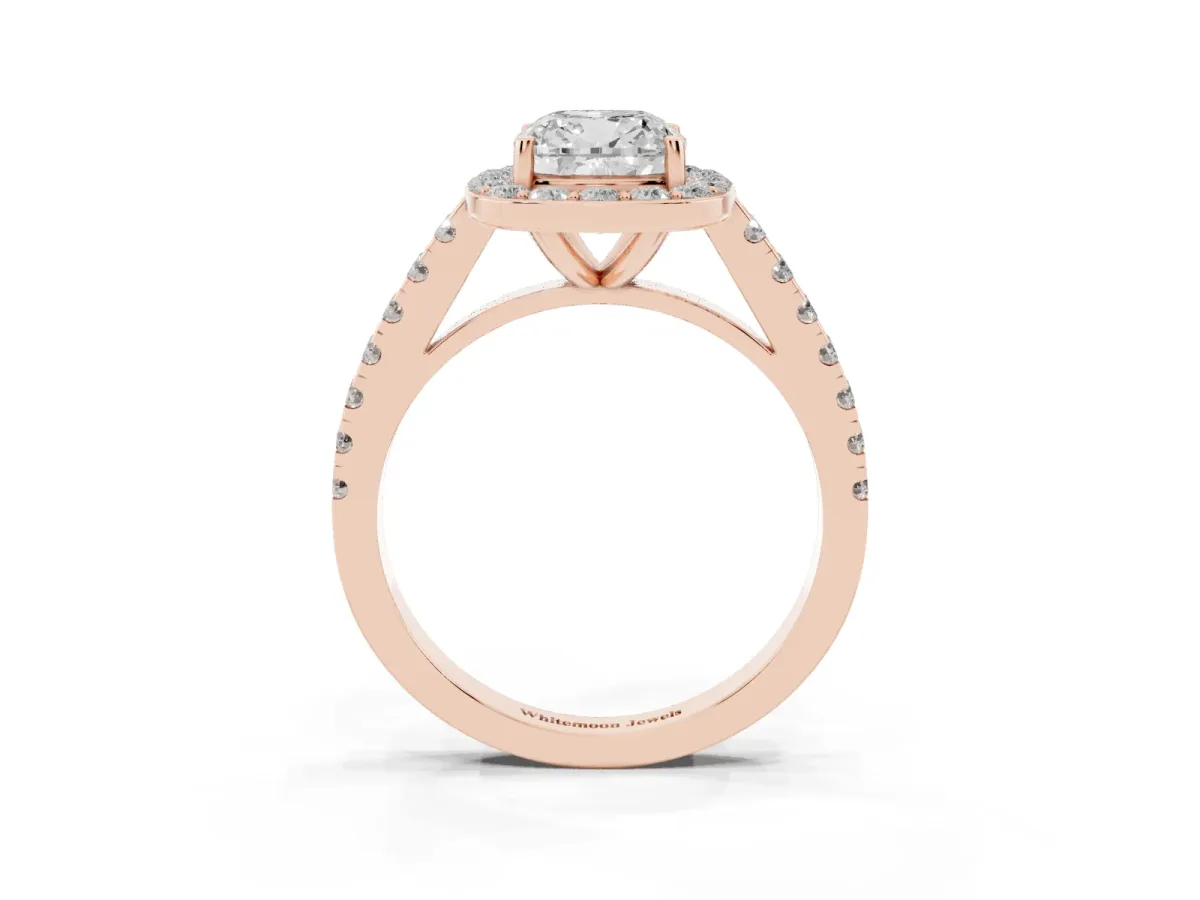 Cushion Cut Diamond Halo Ring with Round Pavé Split Shank and Prong Setting Rose gold