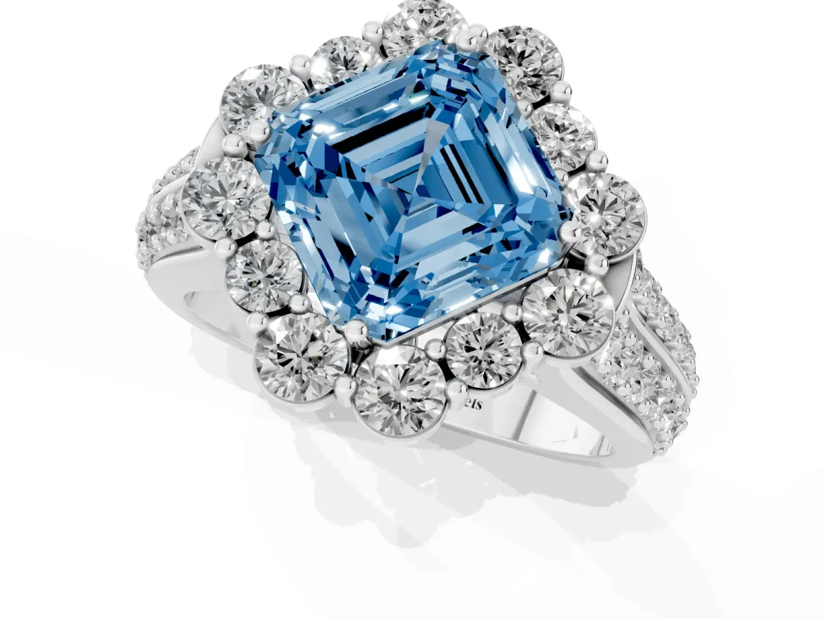 Fancy Blue Asscher Cut Halo Diamond Engagement Ring with Split Shank and Prong Setting Silver