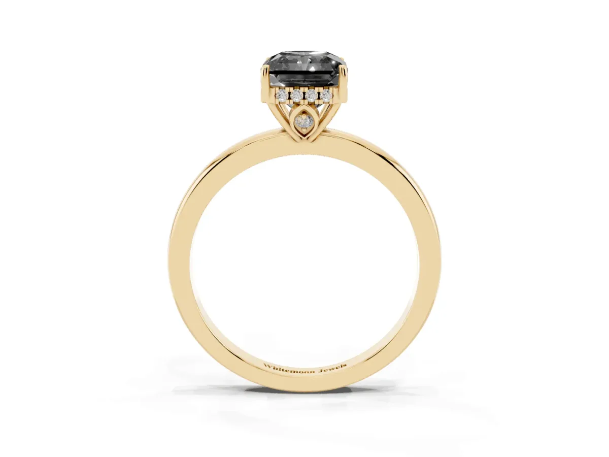 Fancy Black Radiant Cut Solitaire Diamond Ring with Prong Setting and Plain Band Yellow gold