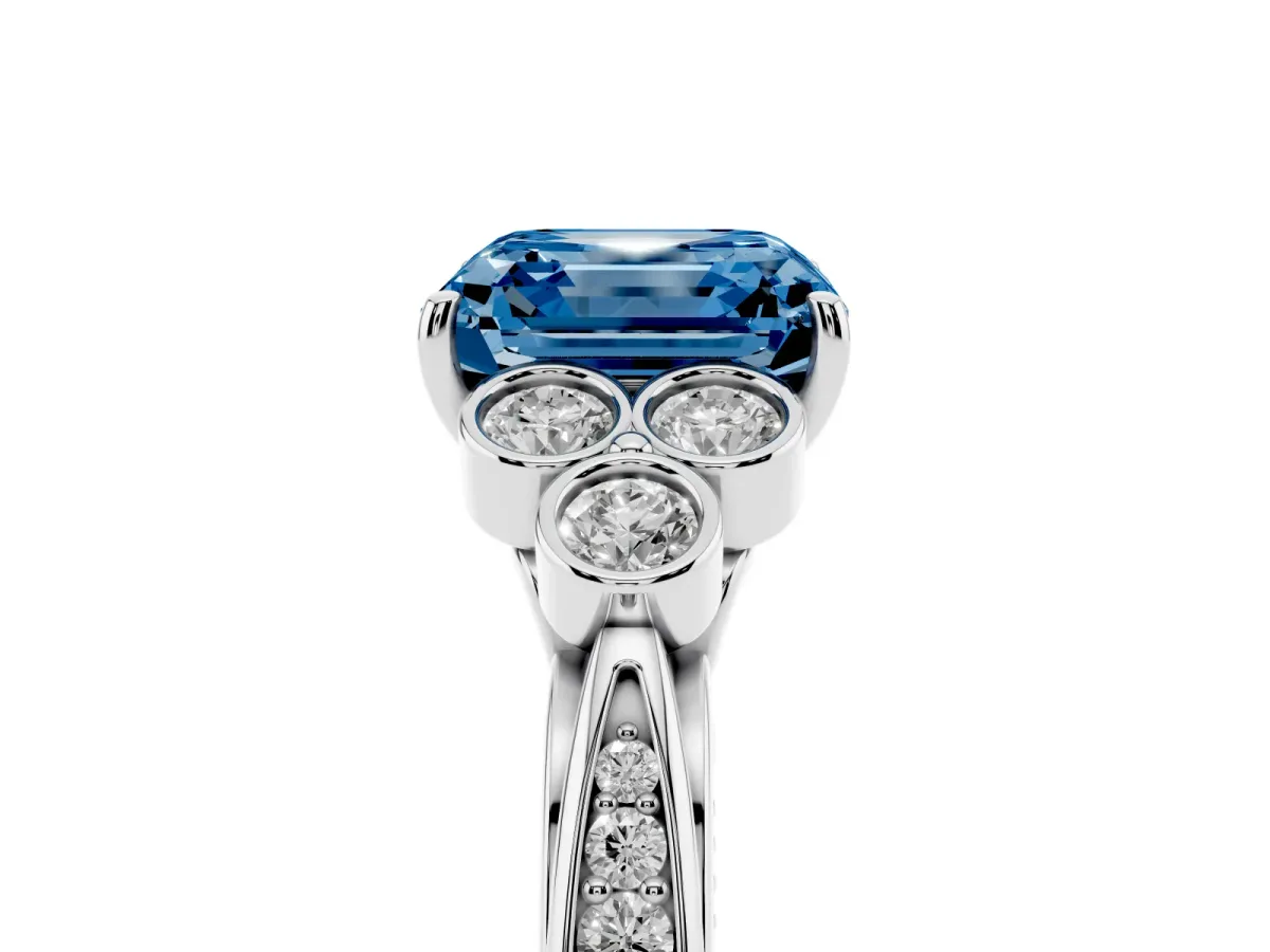 Fancy Blue Asscher Cut Cut Diamond Engagement Ring with Bezel Set Round Side Stones and Prong Setting Platinum