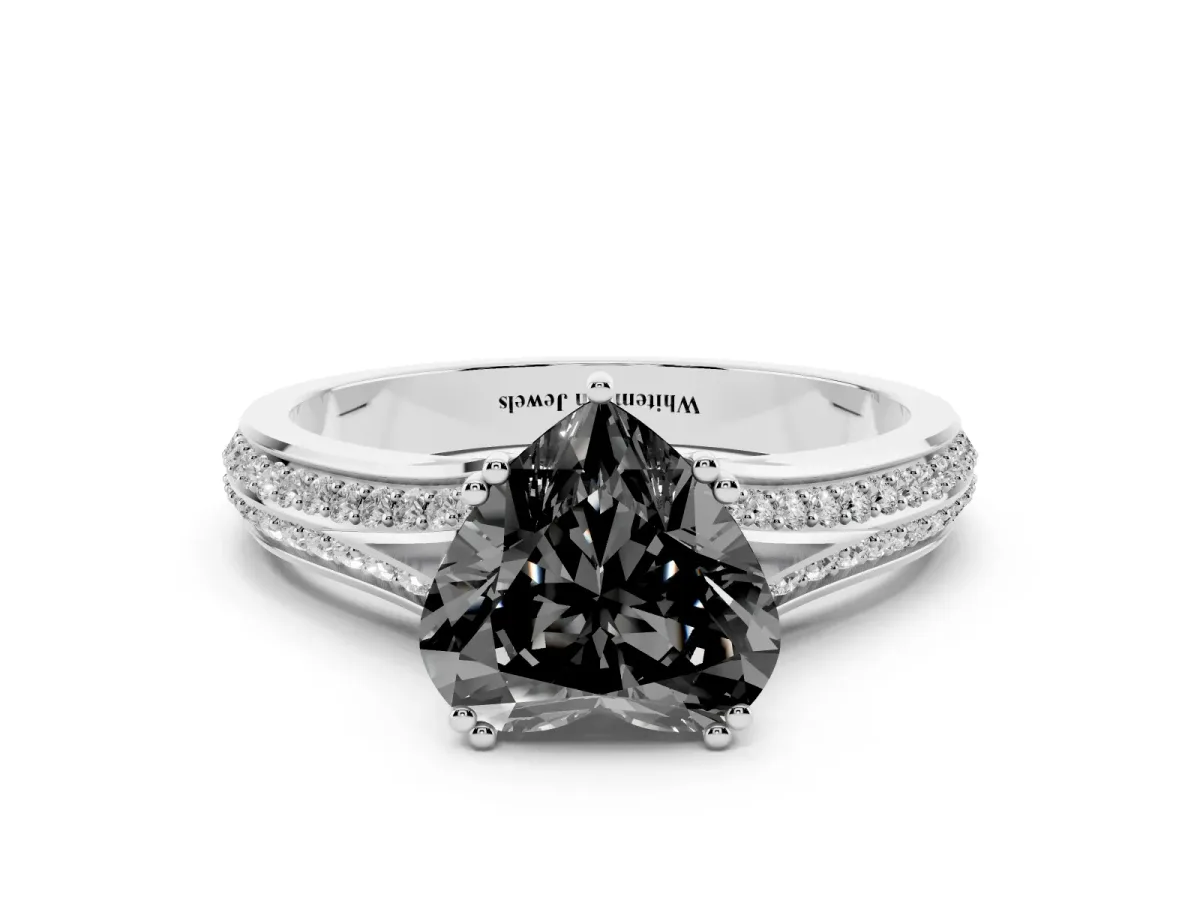 Fancy Black Heart Cut Diamond Split Shank Engagement Ring with Pavé Band Silver