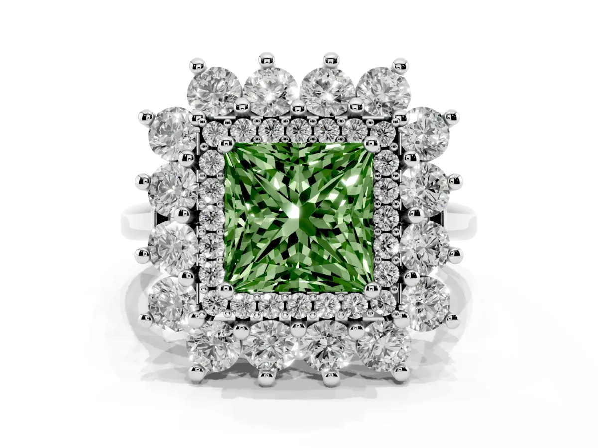 Fancy Green Princess Cut Diamond Floral Double Halo Engagement Ring with Prong Setting White gold