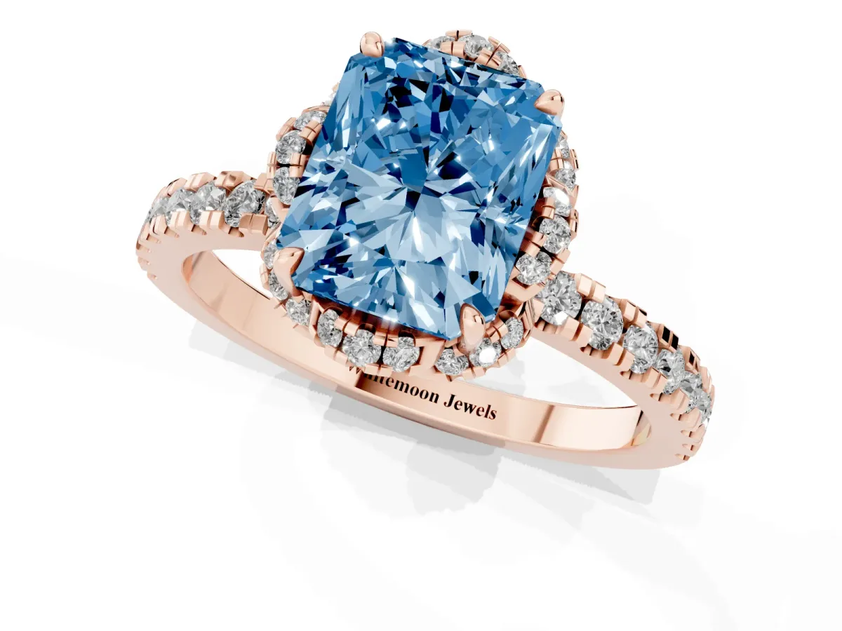 Fancy Blue Radiant Cut Diamond Halo Pave Band with Four-Prong Setting Rose gold
