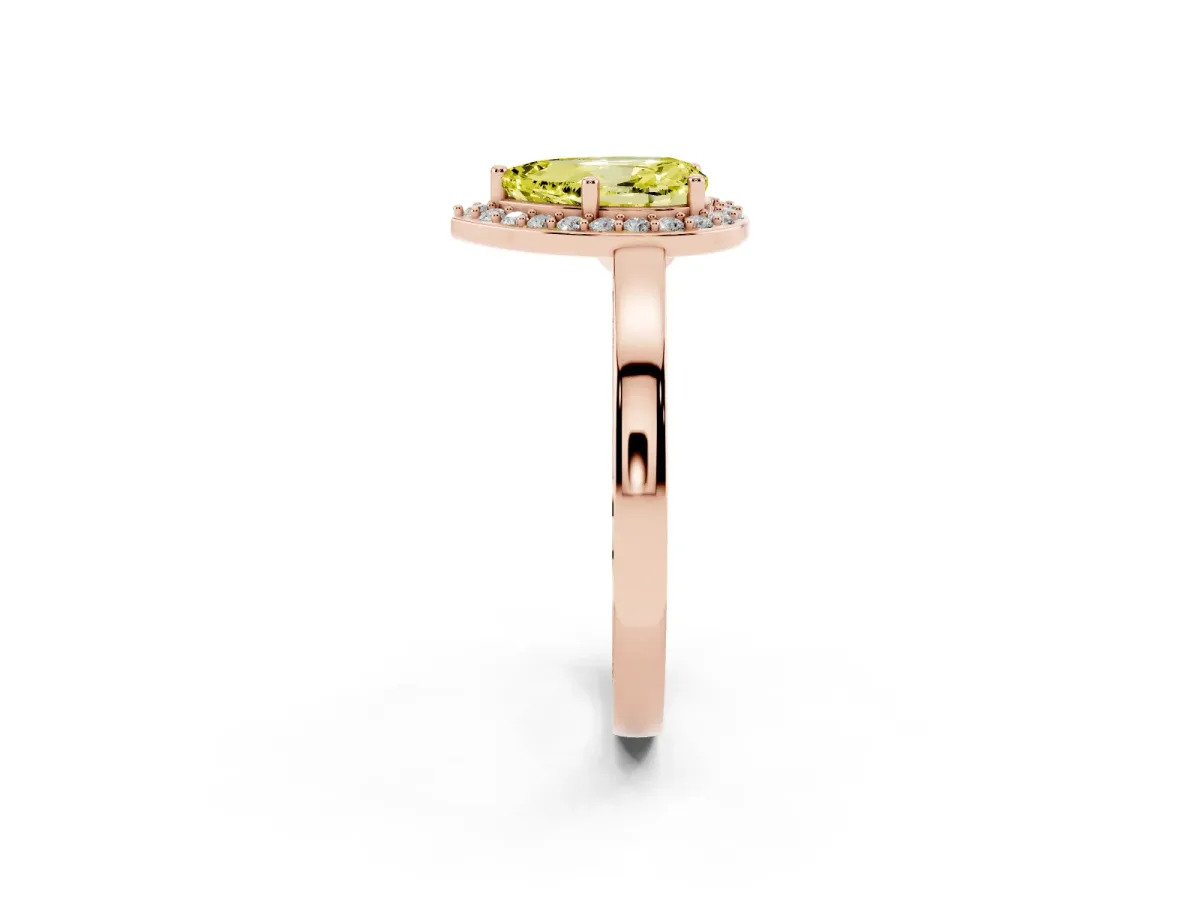 Fancy Yellow Pear Cut Halo Diamond Ring with Solitaire Band and Prong Setting Rose gold