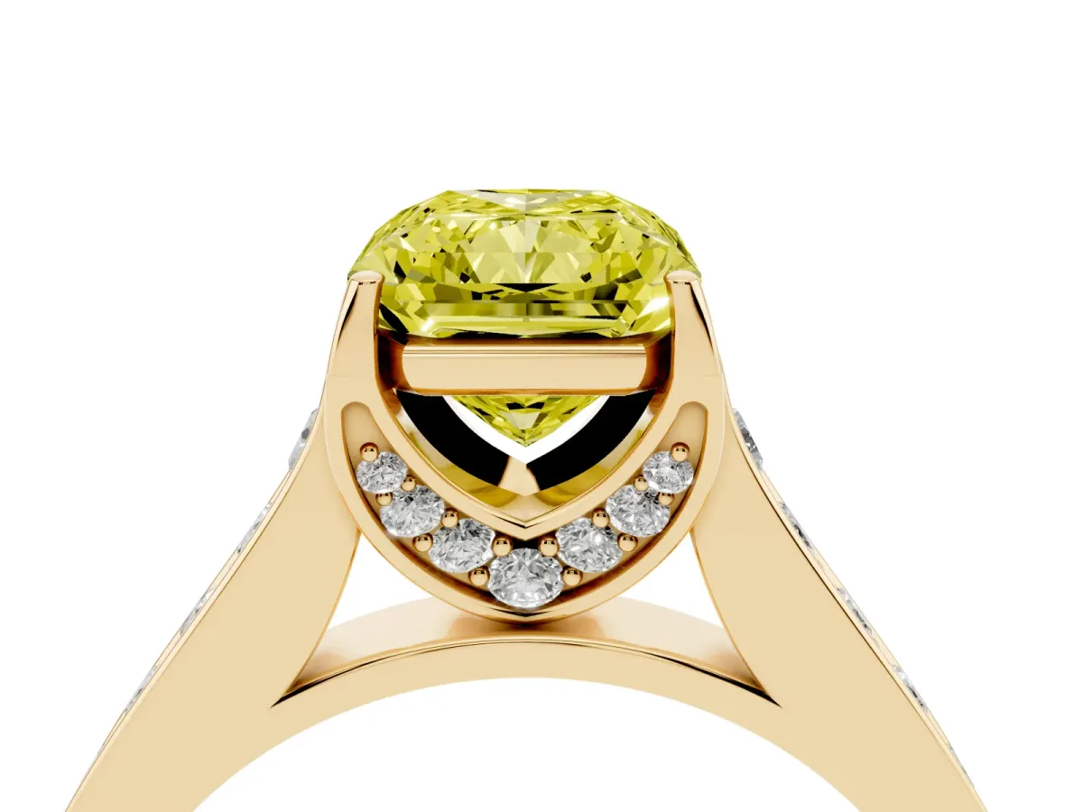 Fancy Yellow Radiant Cut Brilliant Cut Diamond Engagement Ring with Pavé Band and Four-Prong Setting Yellow gold