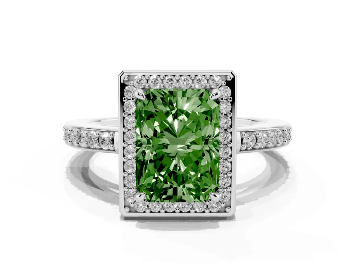 Fancy Green Radiant Cut Halo Pave Band Solitaire Ring with Prong Setting White gold