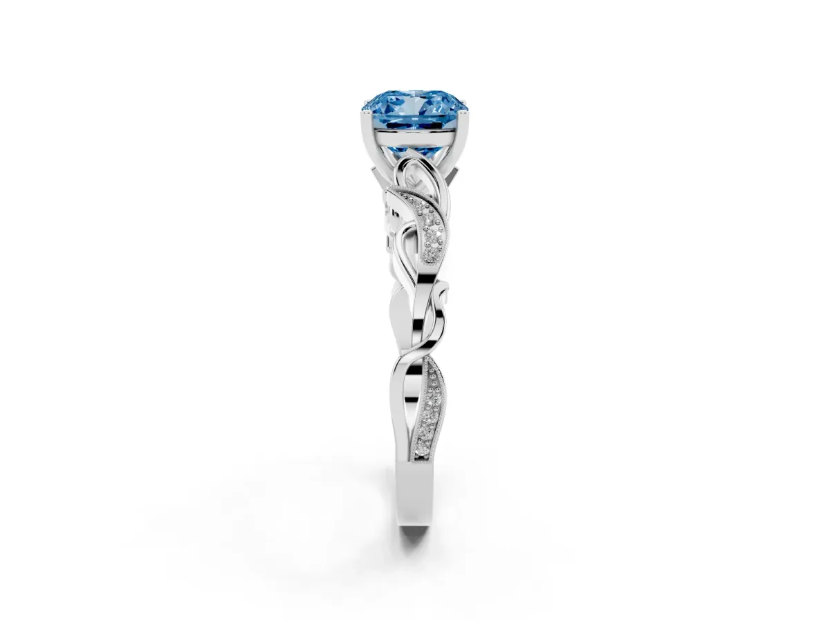 Fancy Blue Cushion Cut Solitaire Vine Band with Milgrain Prong Setting Silver