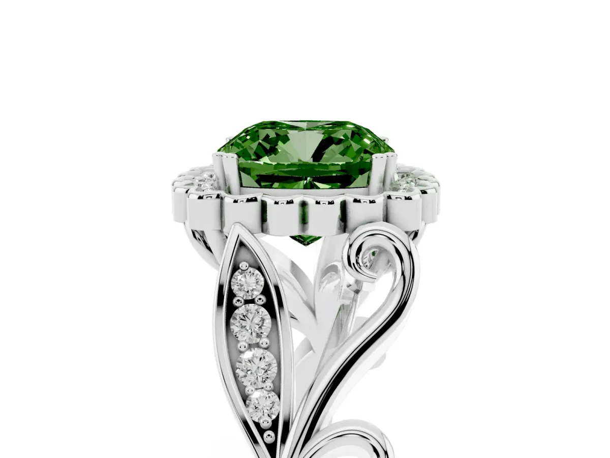 Fancy Green Cushion Cut Diamond Halo Ring with Vintage Split Shank and Four-Prong Setting Silver