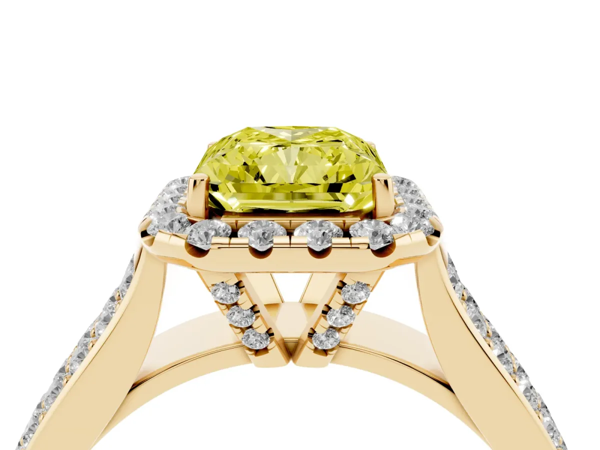 Fancy Yellow Radiant Cut Halo Round Diamond Pave Band with Prong Setting Yellow gold