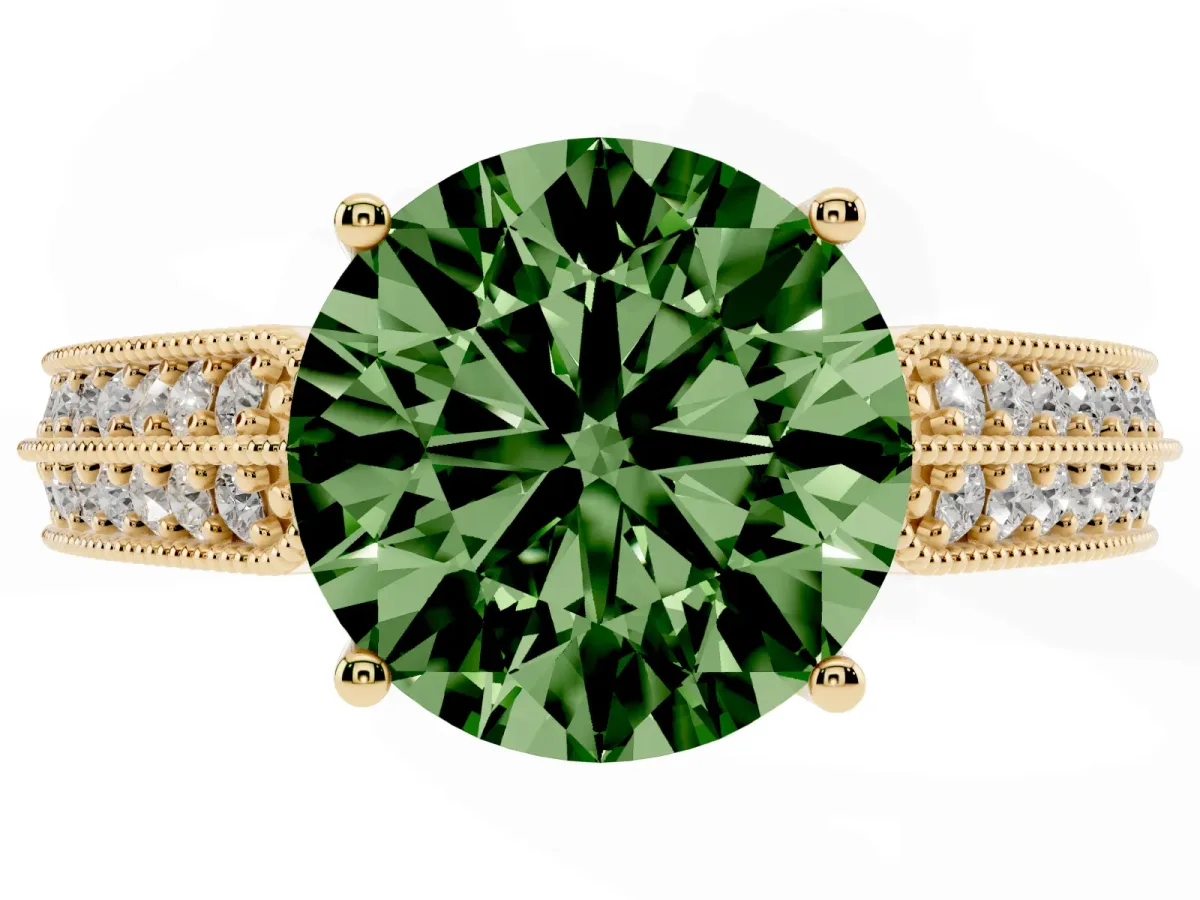 Fancy Green Round Cut Cut Pave Split Shank Engagement Ring with Four-Prong Setting Yellow gold