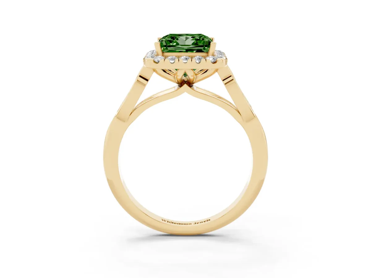 Fancy Green Princess Cut Halo Diamond Engagement Ring with Filigree Band and Four-Prong Setting Yellow gold