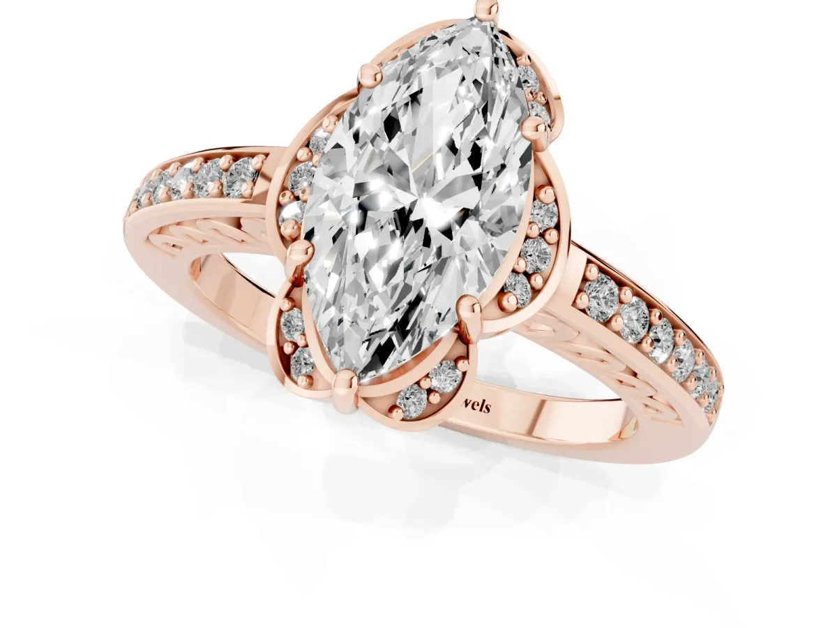 Marquise Cut Cut Halo Diamond Ring with Channel Set Band and Four-Prong Setting Rose gold