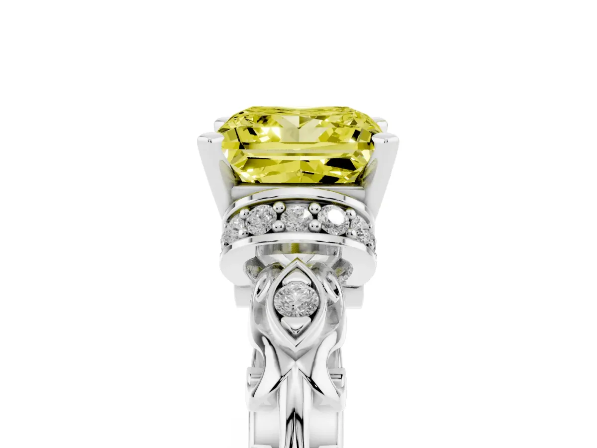 Fancy Yellow Princess Cut Diamond Solitaire Ring with Filigree Band and Four-Prong Setting Silver