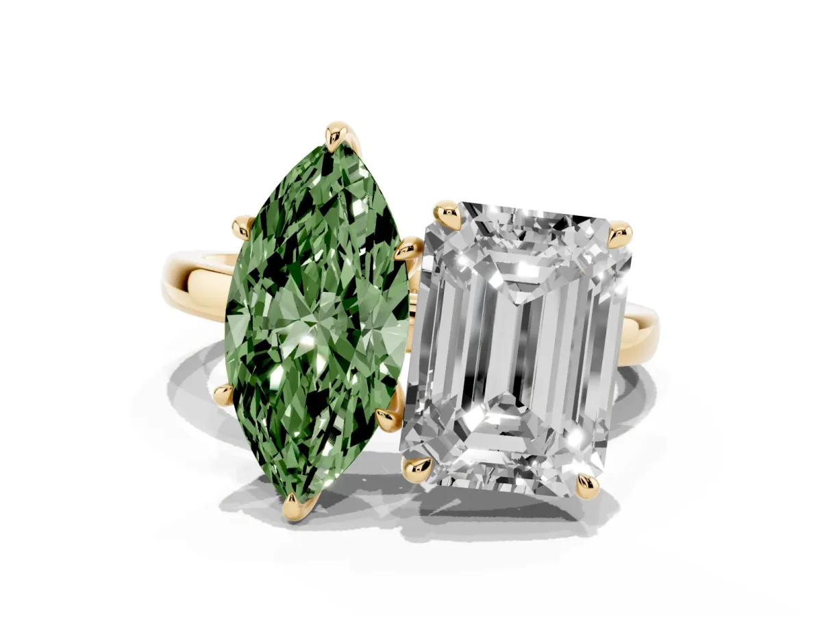 Fancy Green Marquise Cut and Emerald Cut Toi Moi Ring with Prong Setting Yellow gold