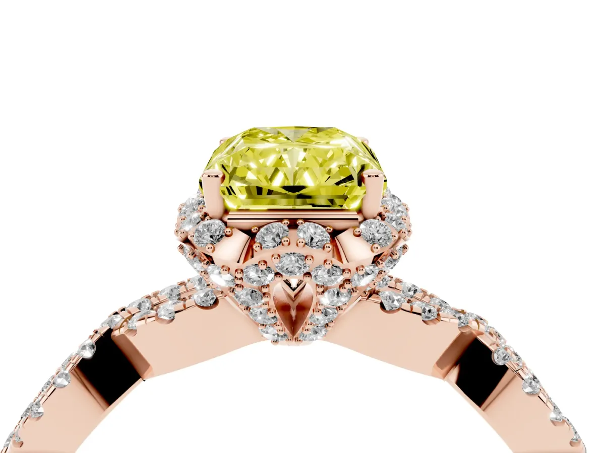 Fancy Yellow Radiant Cut Halo Twist Band Solitaire Ring with Six-Prong Setting Rose gold