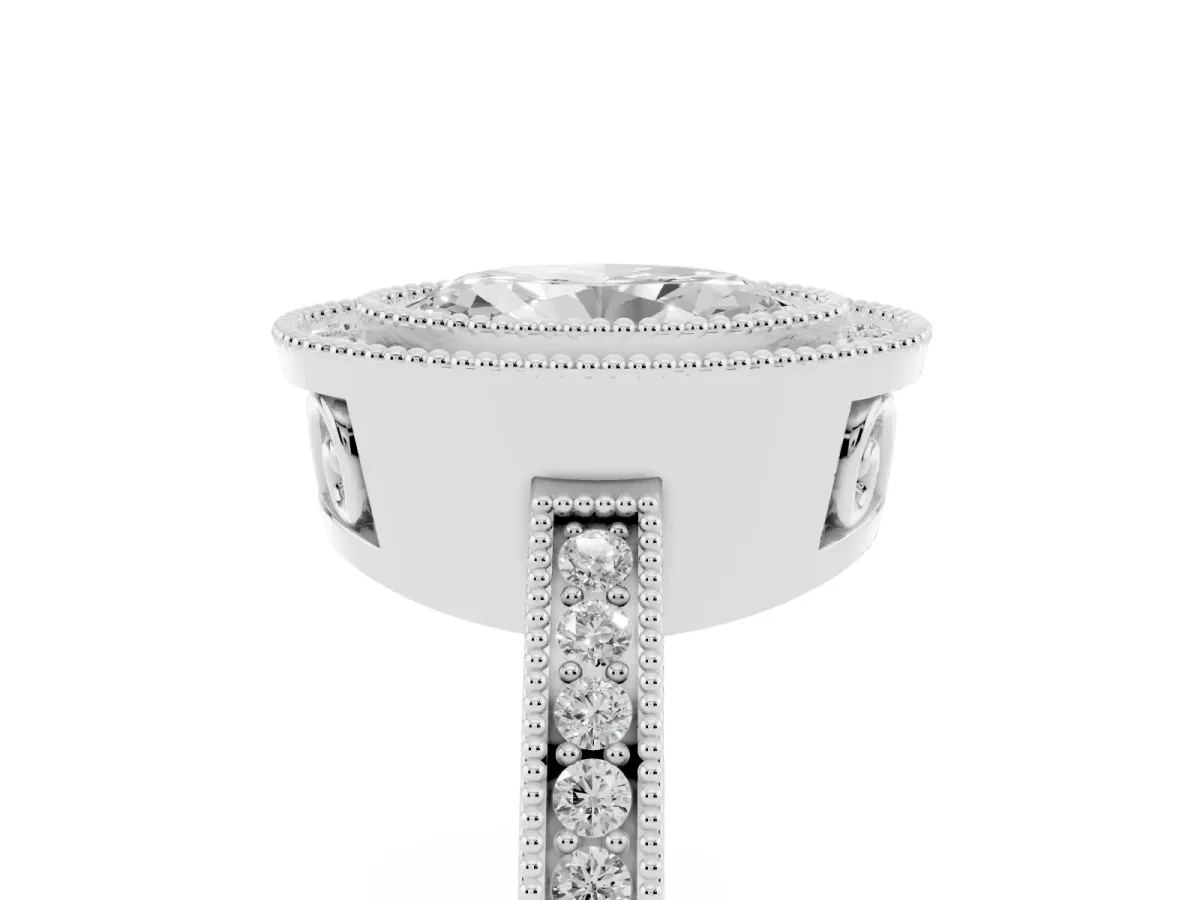 Oval Cut Cut Halo Diamond Ring with Pavé Band and Milgrain Prong Setting Platinum