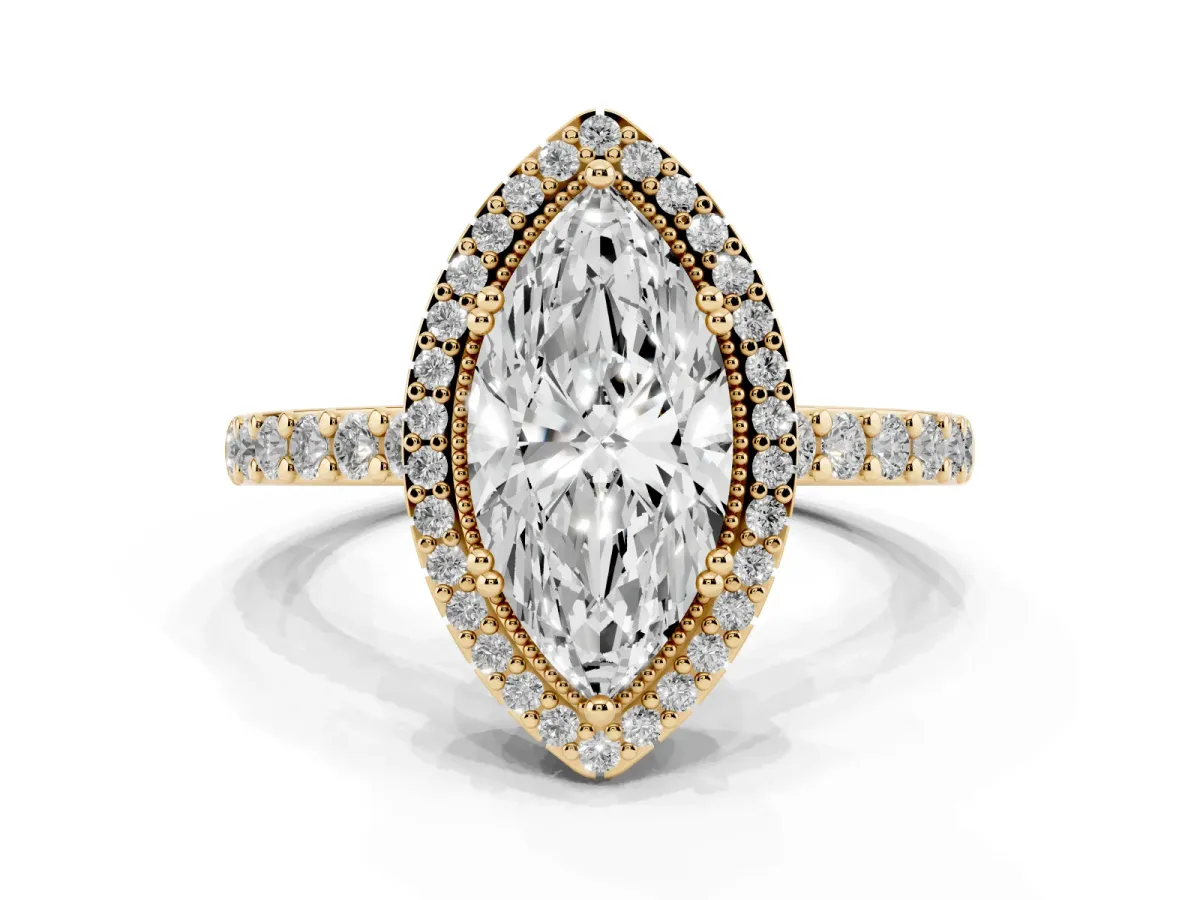 Marquise Cut Cut Diamond Halo Engagement Ring with Milgrain Detail and Pavé Band Yellow gold