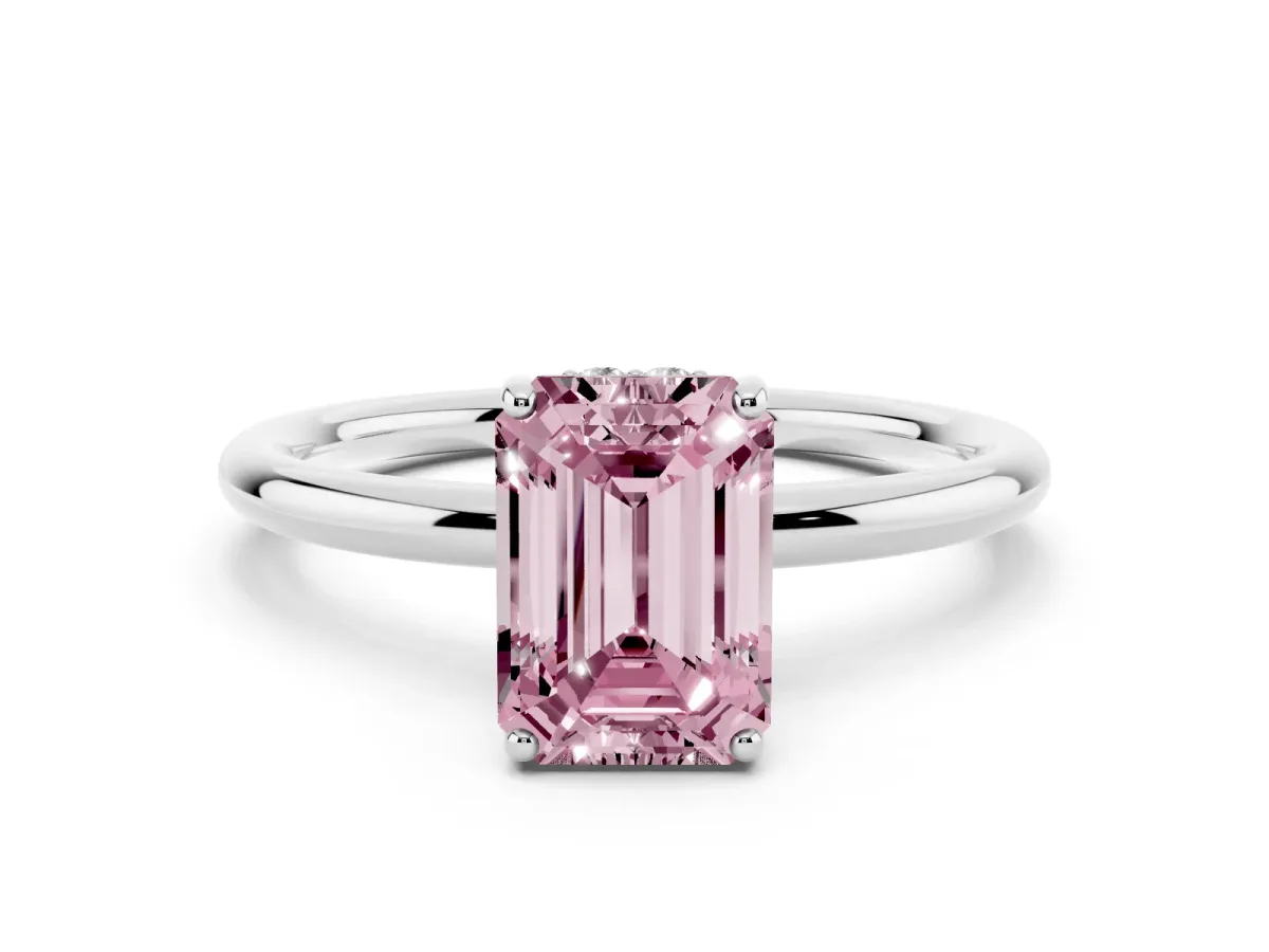 Fancy Pink Emerald Cut Solitaire Diamond Ring with a Classic Band and Four-Prong Setting Silver