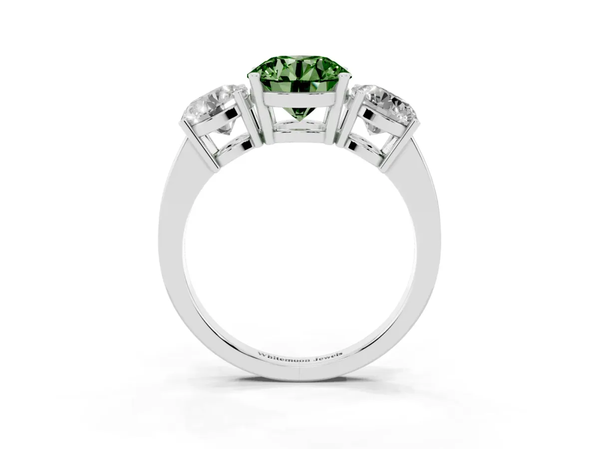 Fancy Green Three-Stone Round Cut Cut Diamond Engagement Ring with Flat Band and Four-Prong Setting Silver