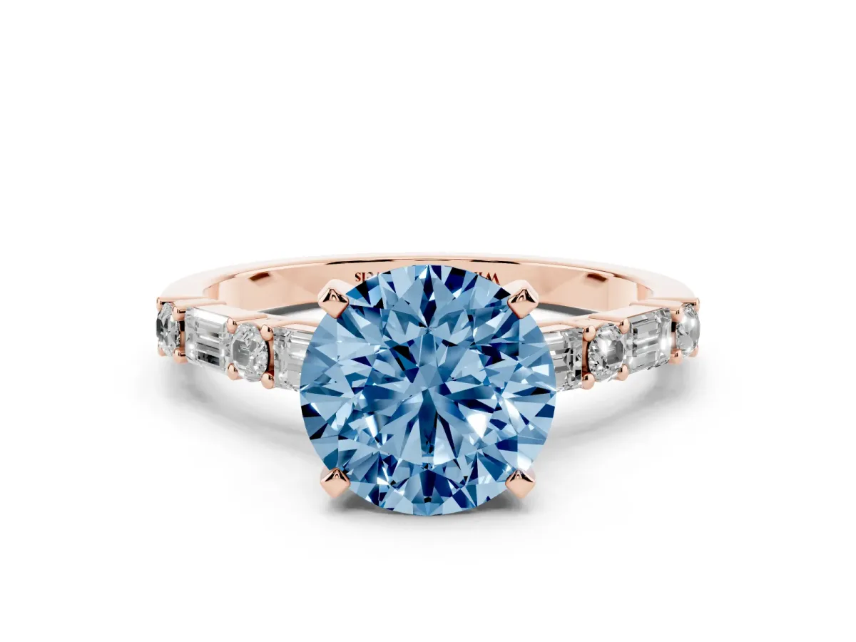 Fancy Blue Round Cut Diamond Solitaire with Side Baguettes and Channel Set Band Rose gold