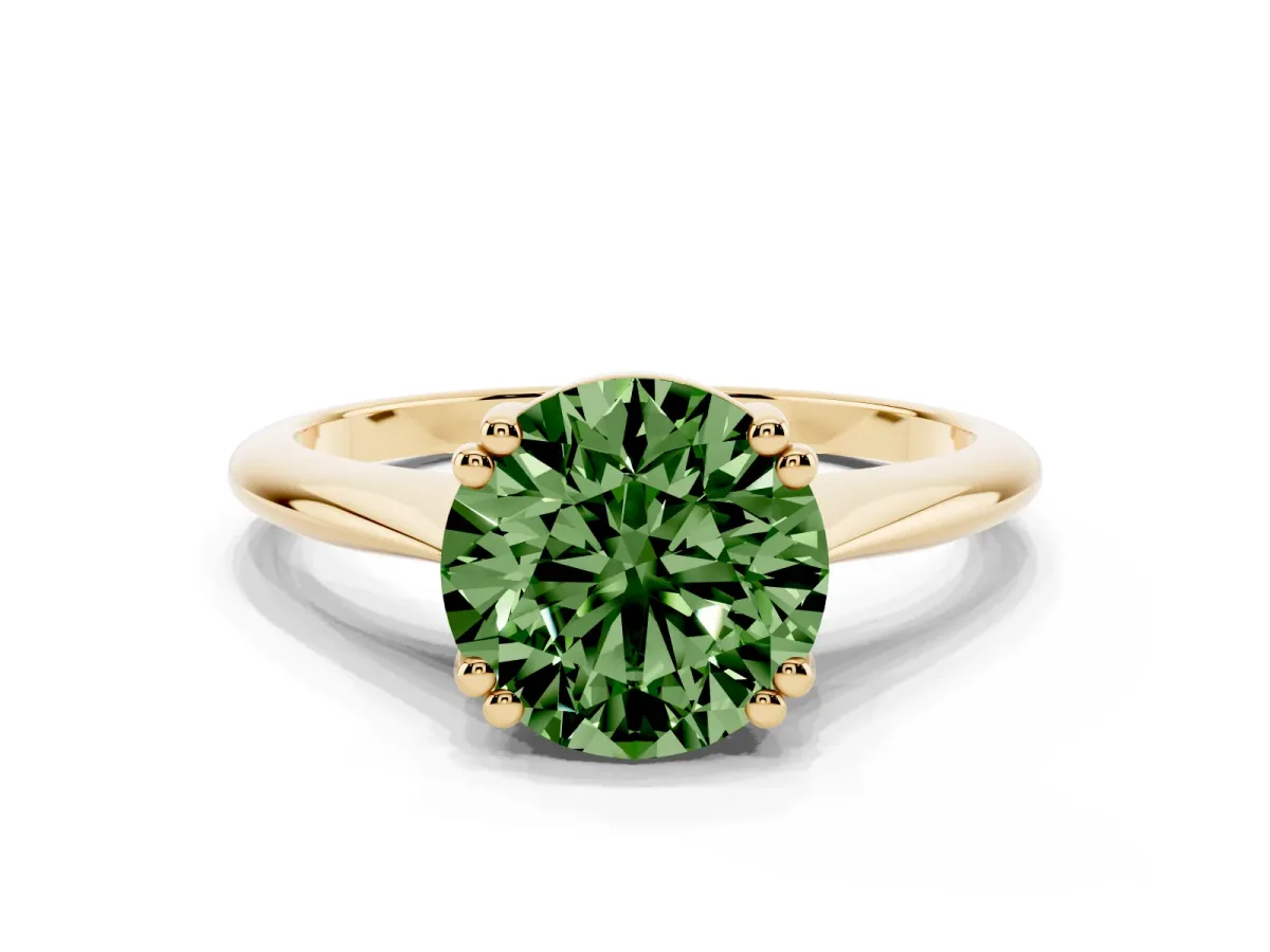 Fancy Green Round Cut Solitaire Diamond Ring with Six-Prong Setting and Classic Band Yellow gold