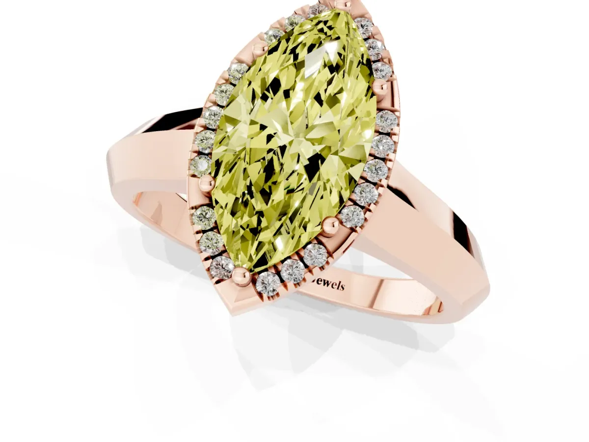 Fancy Yellow Marquise Cut Halo Diamond Ring with Cathedral Band and Four-Prong Setting Rose gold