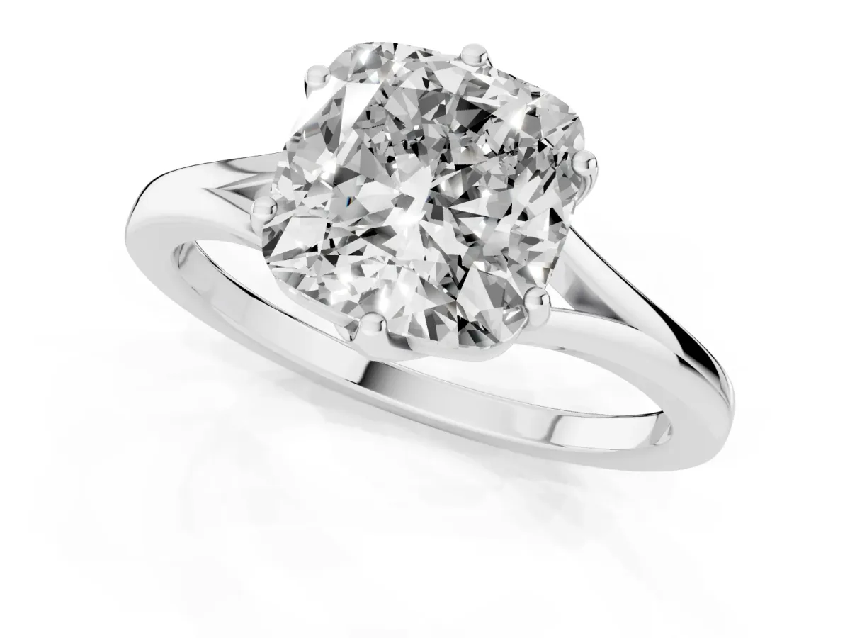 Cushion Cut Solitaire Diamond Ring with Six-Prong Setting and Tapered Band Silver