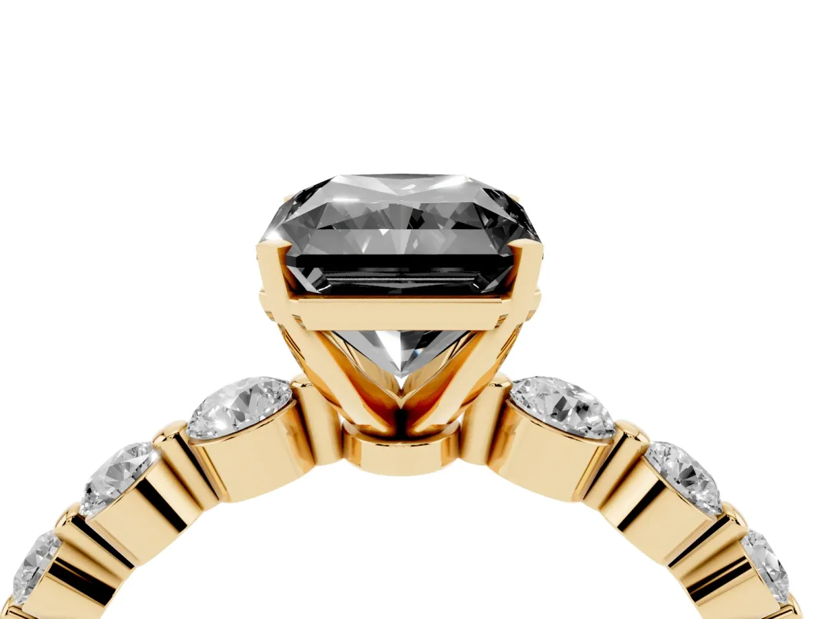 Fancy Black Radiant Cut Solitaire Diamond Ring with Pave Band and Four-Prong Setting Yellow gold