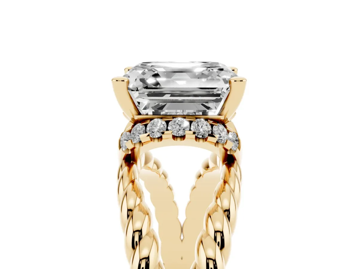 Asscher Cut Halo Twisted Band Four-Prong Ring Yellow gold