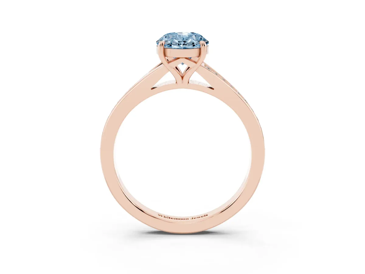 Fancy Blue Oval Cut Diamond Solitaire Ring with Pavé Band and Prong Setting Rose gold